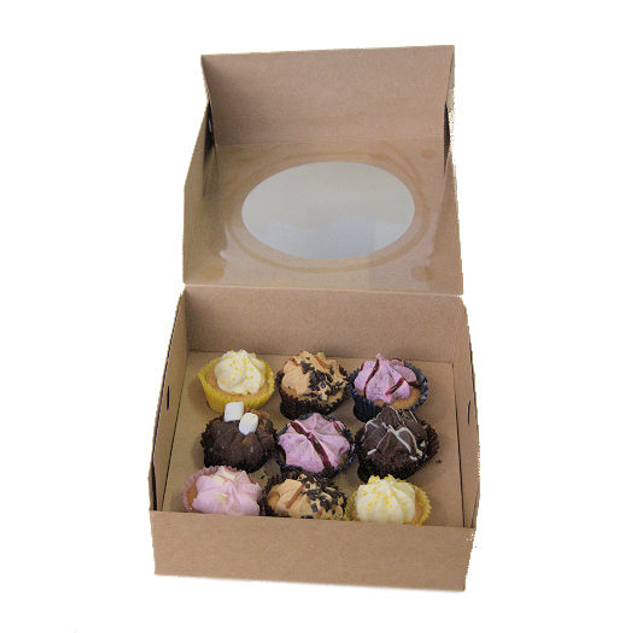 Pack x 10 - 4 Cupcake or 9 Mini Cupcake box with window Kraft