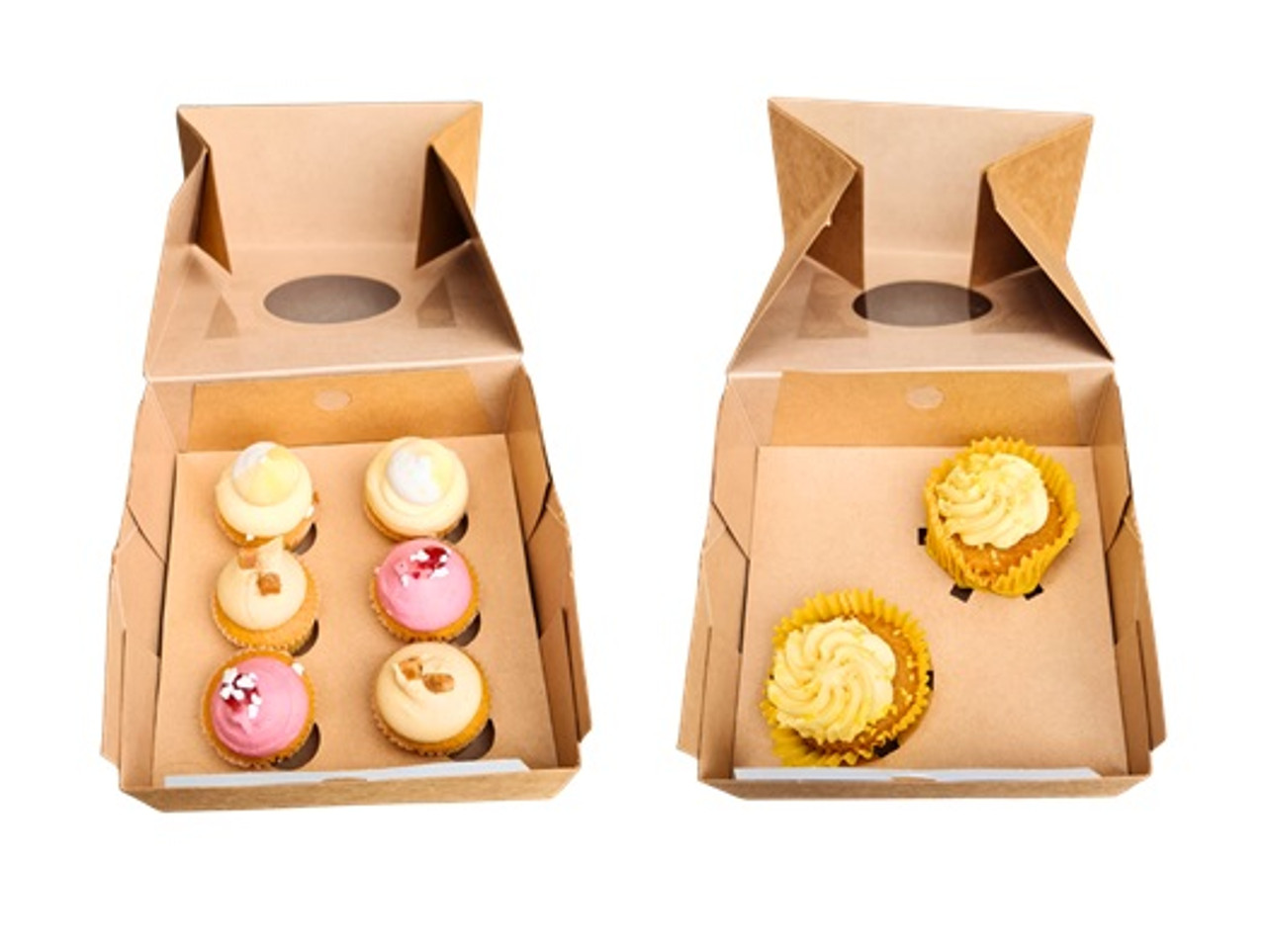 Pack x 10 - 2 Cupcake or 6 Mini Cupcake Self Erecting Glued box with window Kraft 6 x 6 x 3