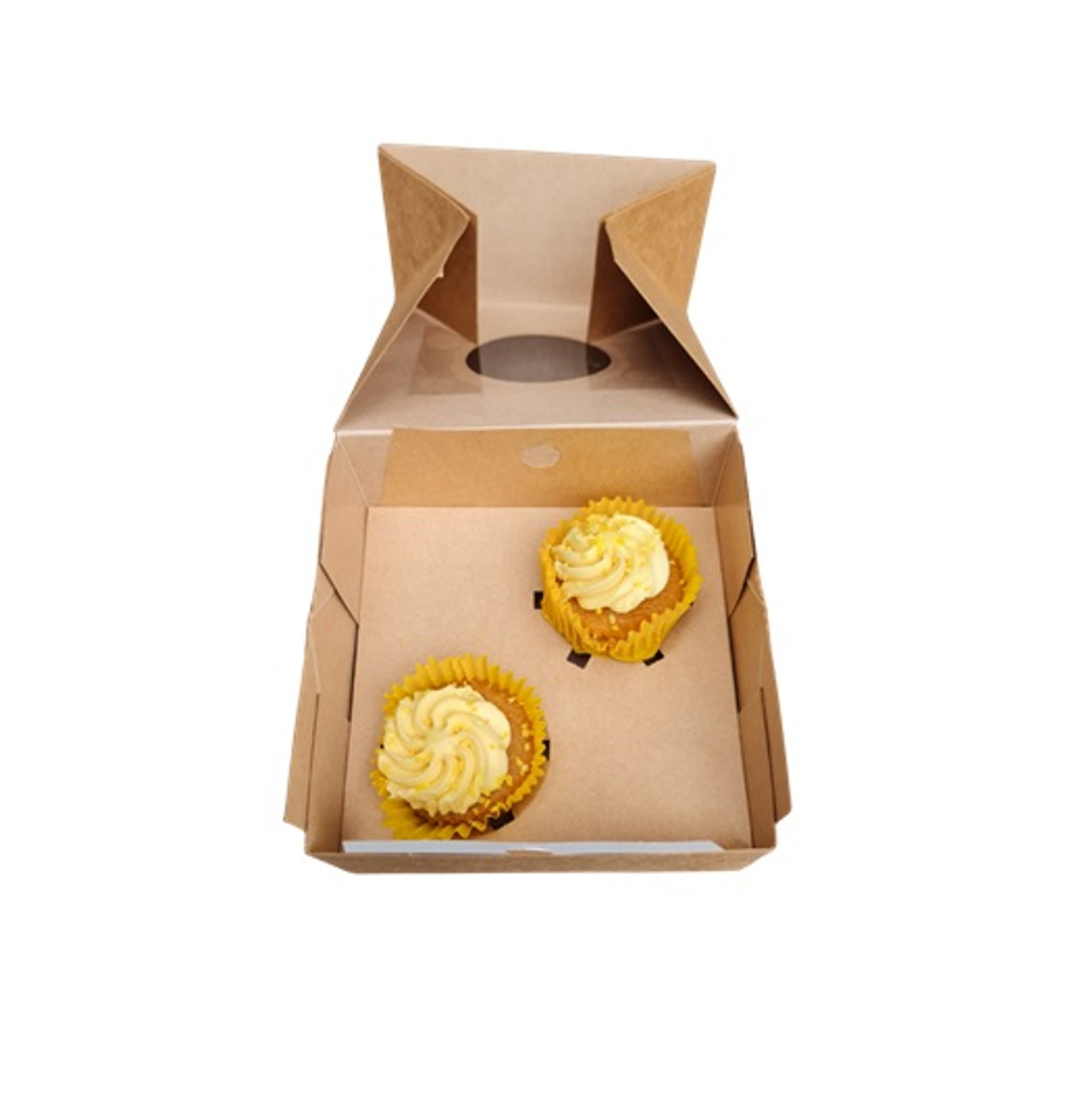 Pack x 100 - 2 Cupcake or 6 Mini Cupcake Self Erecting Glued box with window Kraft 6 x 6 x 3