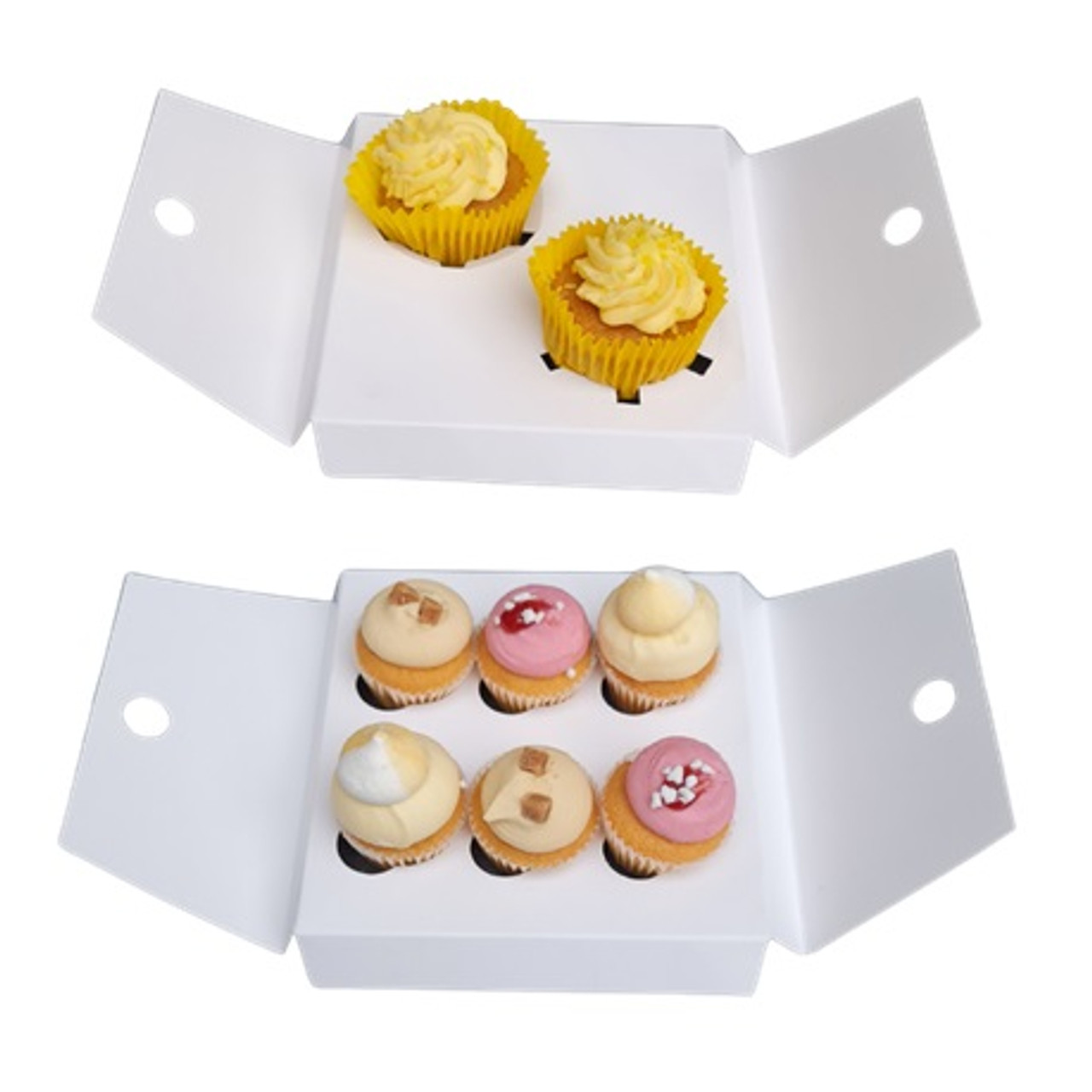 Pack x 50 - 2 Cupcake or 6 Mini Cupcake Self Erecting Glued box with window White 6"x 6" x 3"