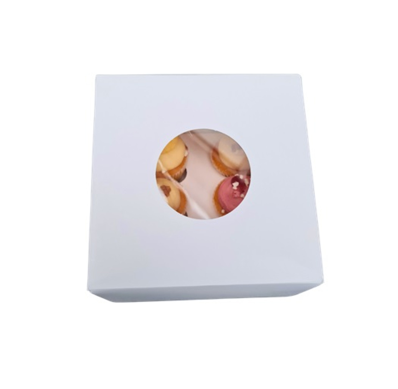 Pack x 100 - 2 Cupcake or 6 Mini Cupcake Self Erecting Glued box with window White 6"x 6" x 3"