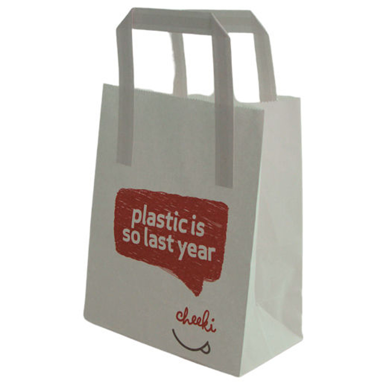 White Paper Takeaway Carrier Bag Small 7''x10'' x 8 1/2'' Pack of 50 Printed 'Plastic is so last year'