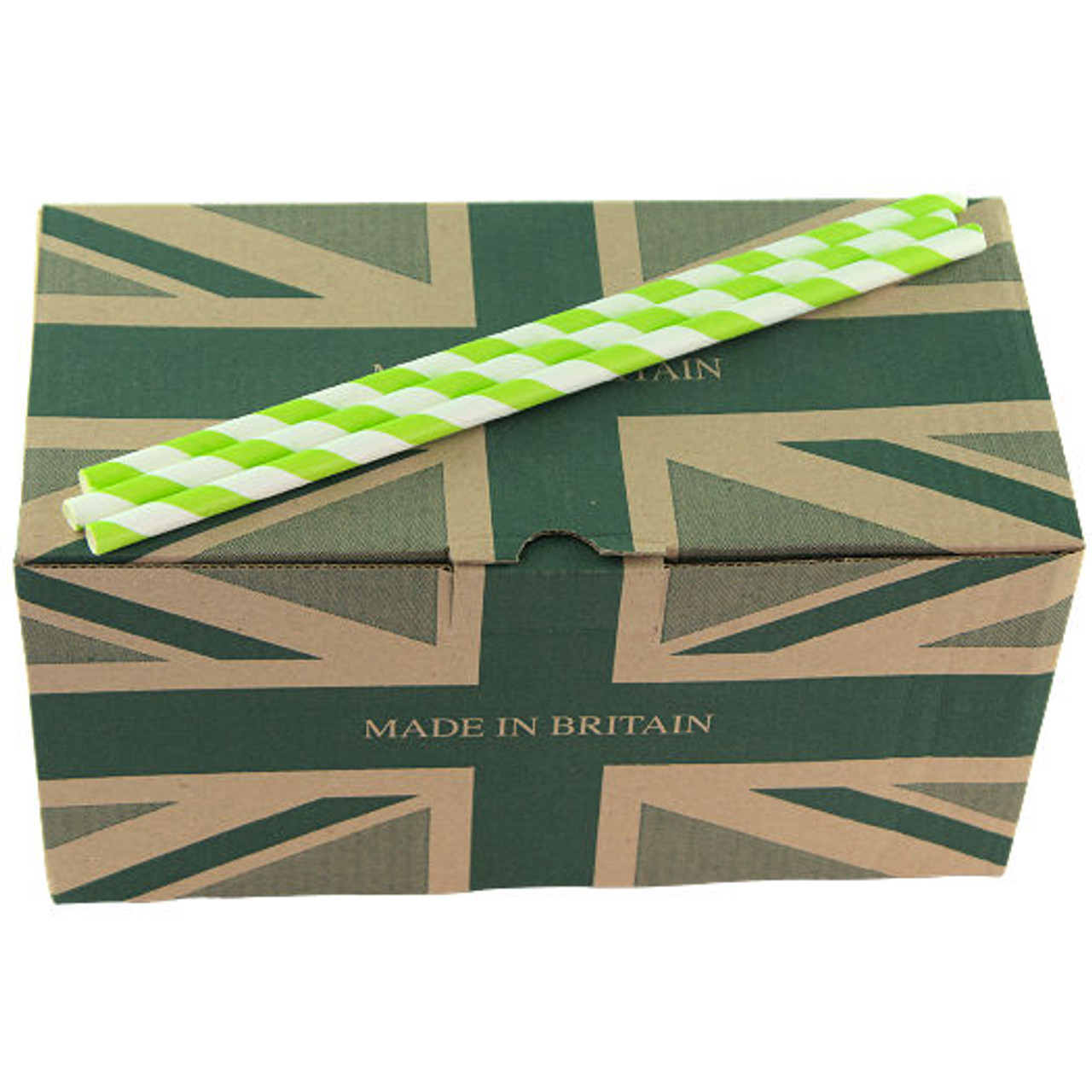 Box of 250 Paper Drinking Straws Lime Green Stripe 200mm x 6mm Dia