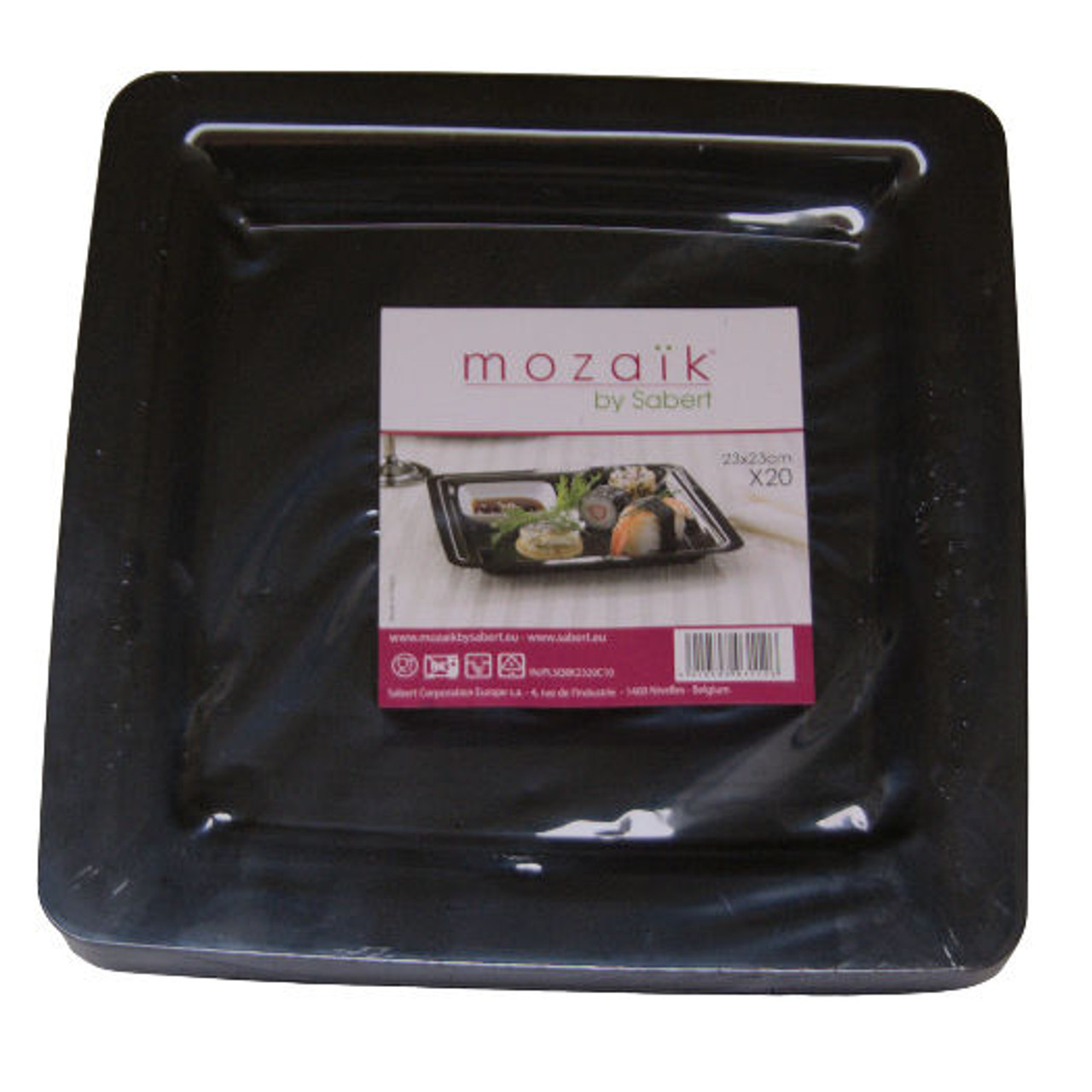 Pack x 20 Square MOZAIK Quality Black Re-usable Plastic Dinner Plates 23cm