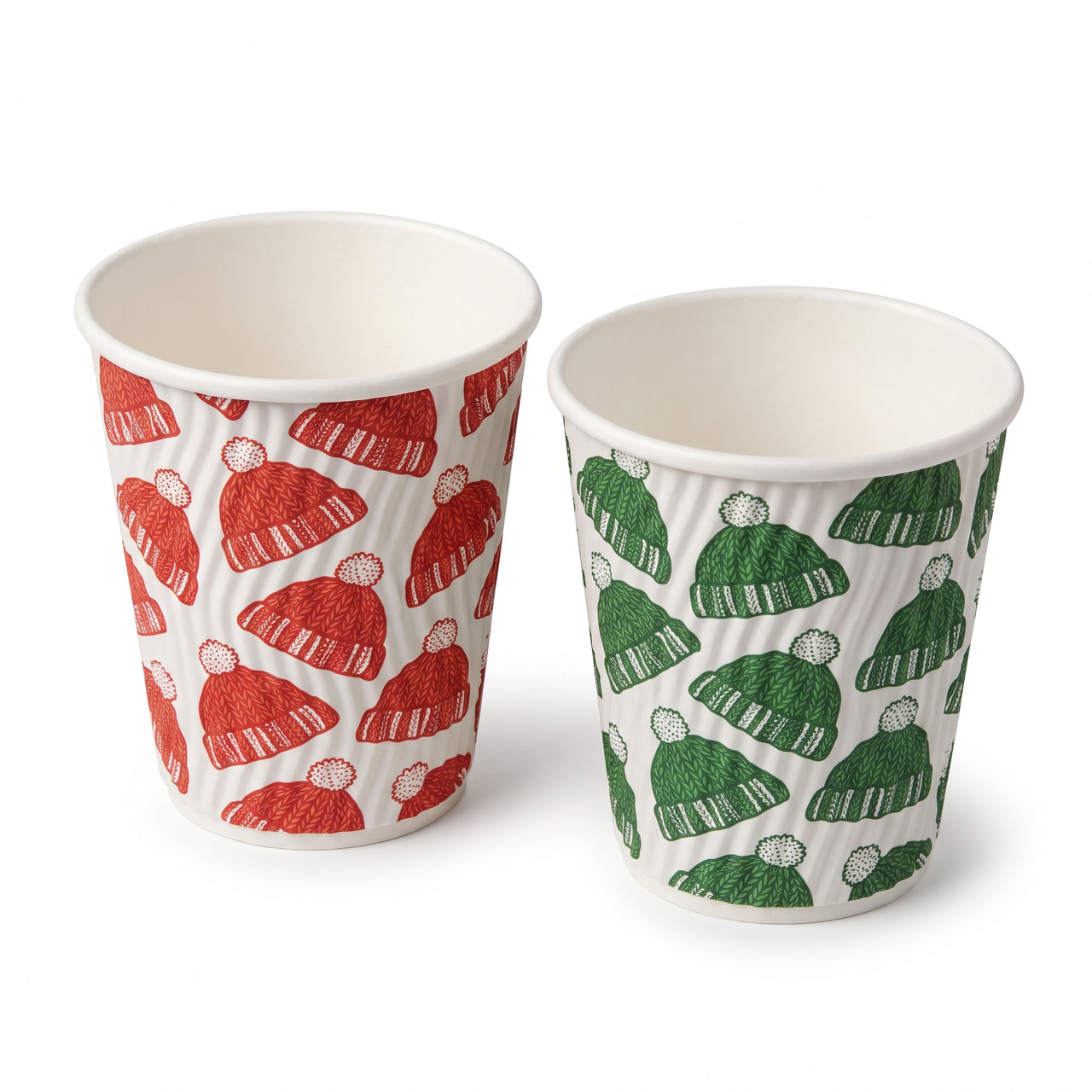 8oz / 9oz Festive Red & Green Double Wall Christmas Paper Hot Cups | Compostable Winter Bobble Hat Cups (Case & Pack Sizes)