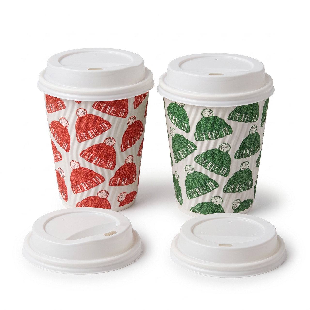 8oz / 9oz Festive Red & Green Double Wall Christmas Paper Cups with Lids | Insulated Winter Coffee Cups & Lids Combo