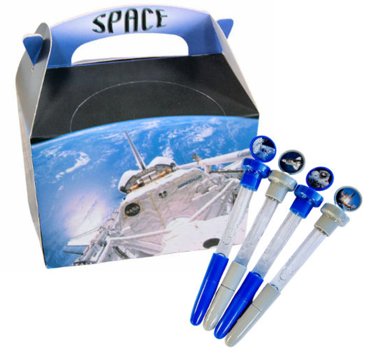 Party pack of 4 Space World Boxes includes 4 Space Bubble Pens