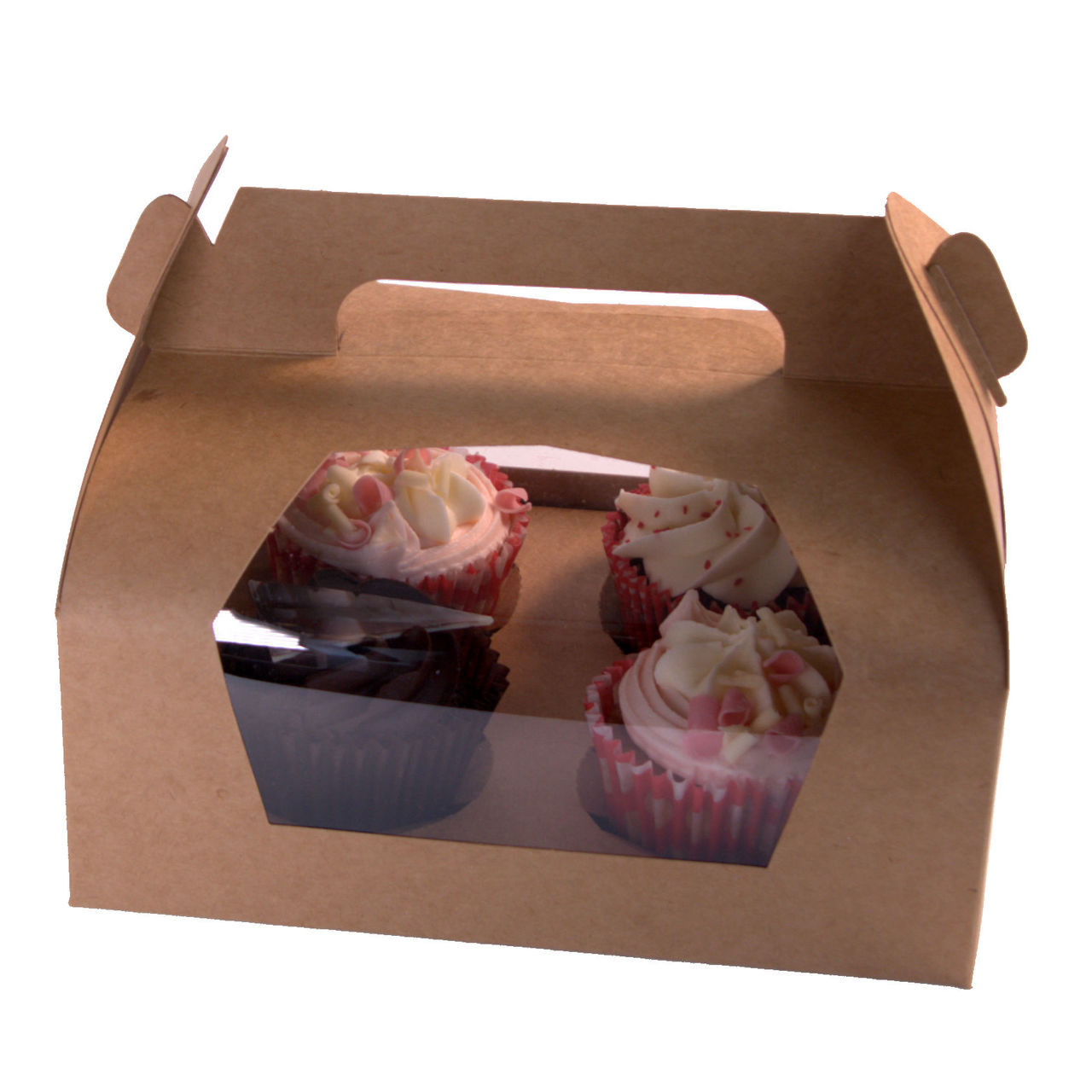 Handle style kraft window cake box with 4 cupcake insert and bakery tray included ( see qty options )