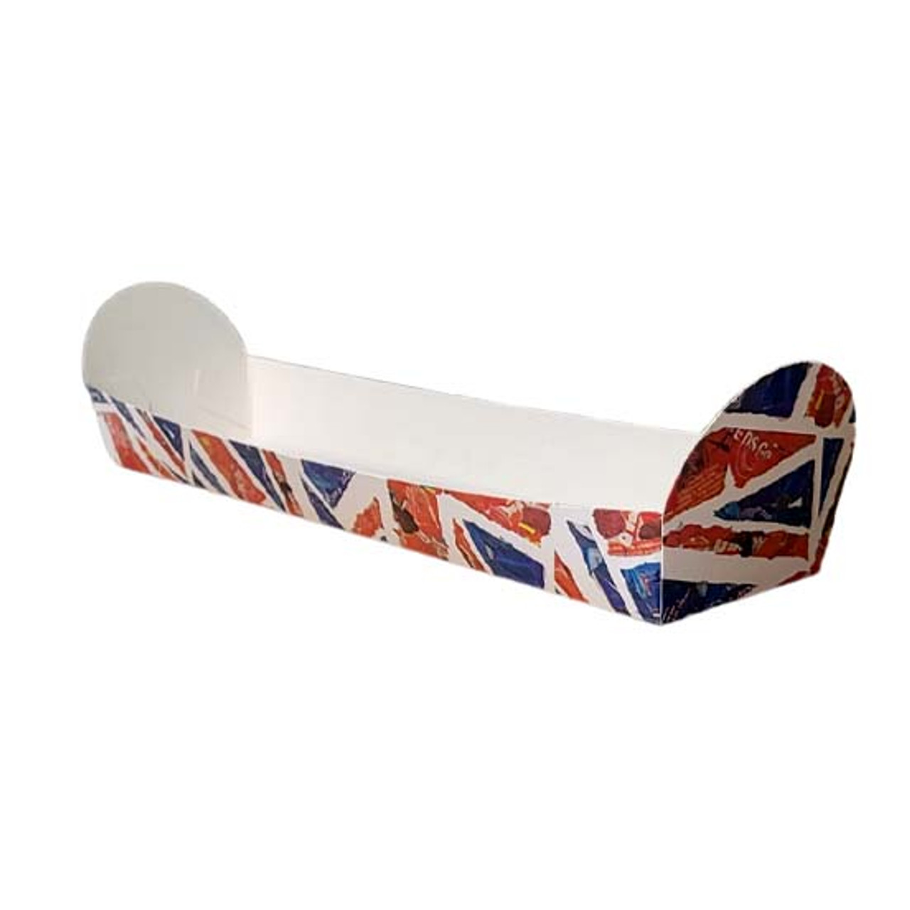 Pack of 50 Union Jack design Waxed Lined Cardboard Baguette trays 270 x 100 x 30mm 