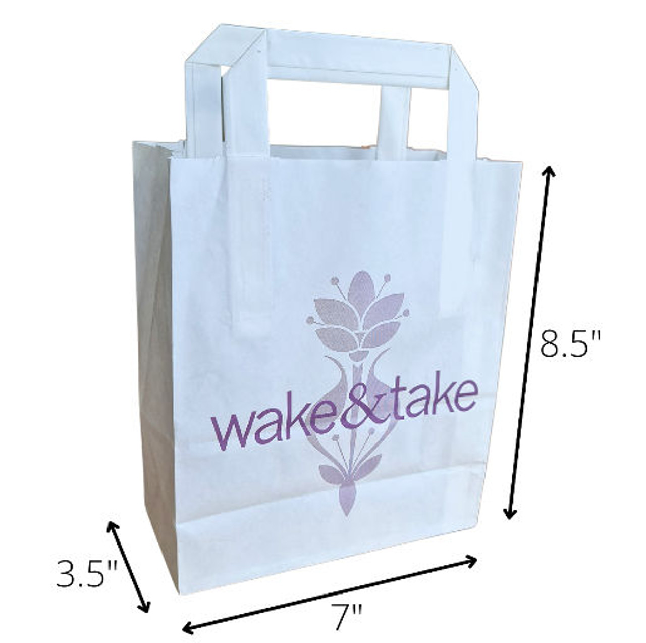 White Paper Takeaway Carrier Bag Small 7''x10'' x 8 1/2'' Pack of 50 Printed Wake & Take Reduced to Clear