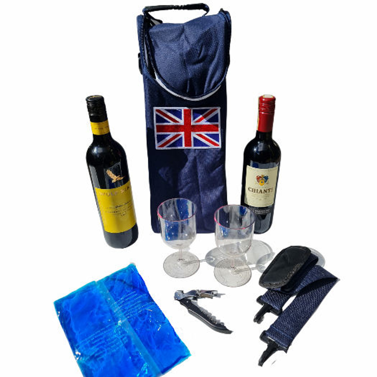 Union Jack Thermal Champagne or 2 Wine Bottle Carrier incl 2 High Quality re-usable PET Glasses, Cork Screw & 2 Freezable Pouches