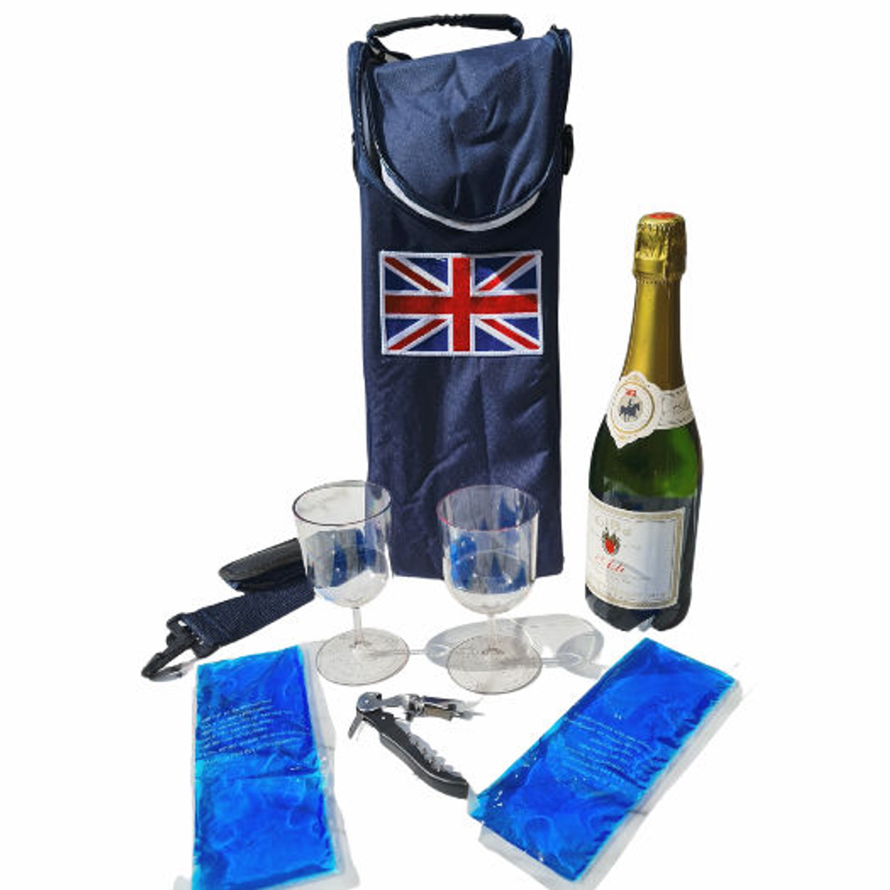 Union Jack Thermal Champagne or 2 Wine Bottle Carrier incl 2 High Quality re-usable PET Glasses, Cork Screw & 2 Freezable Pouches