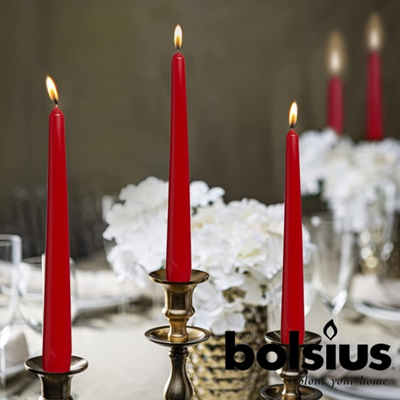 Pack x 10 Red Bolsius Quality Tapered Professional Candle -240mm 7.5hr burn time