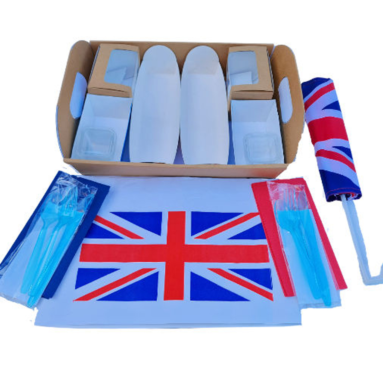 Pack of 50 Union Jack Coronation Hamper Tray for Two includes Bakery Trays, Baguette trays, Sandwich Boxes, Place mats, Cutlery, Napkin, portion pots and flag