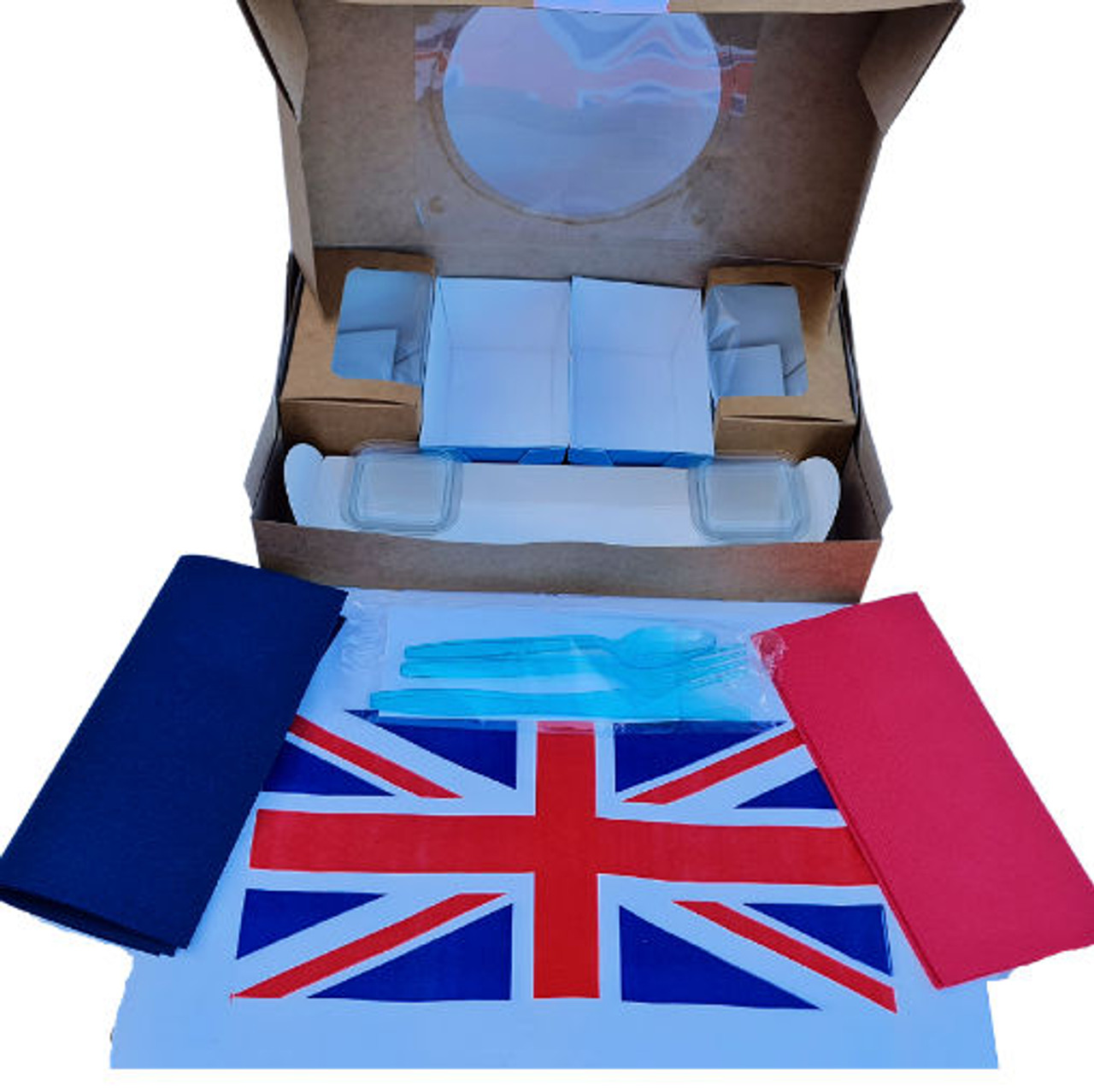 Pack of 10 Union Jack Coronation Hamper Box for One includes Bakery Trays, Baguette tray, Sandwich Boxes, Place mats, Cutlery, Napkin and portion pots