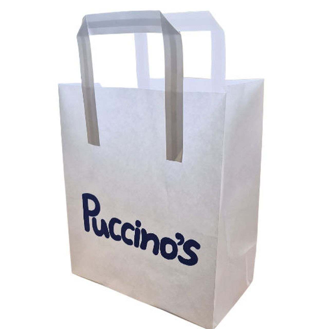 White Paper Takeaway Carrier Bag Medium 8.5''x13'' x 10'' Pack of 125 Printed Puccino's  Reduced to Clear