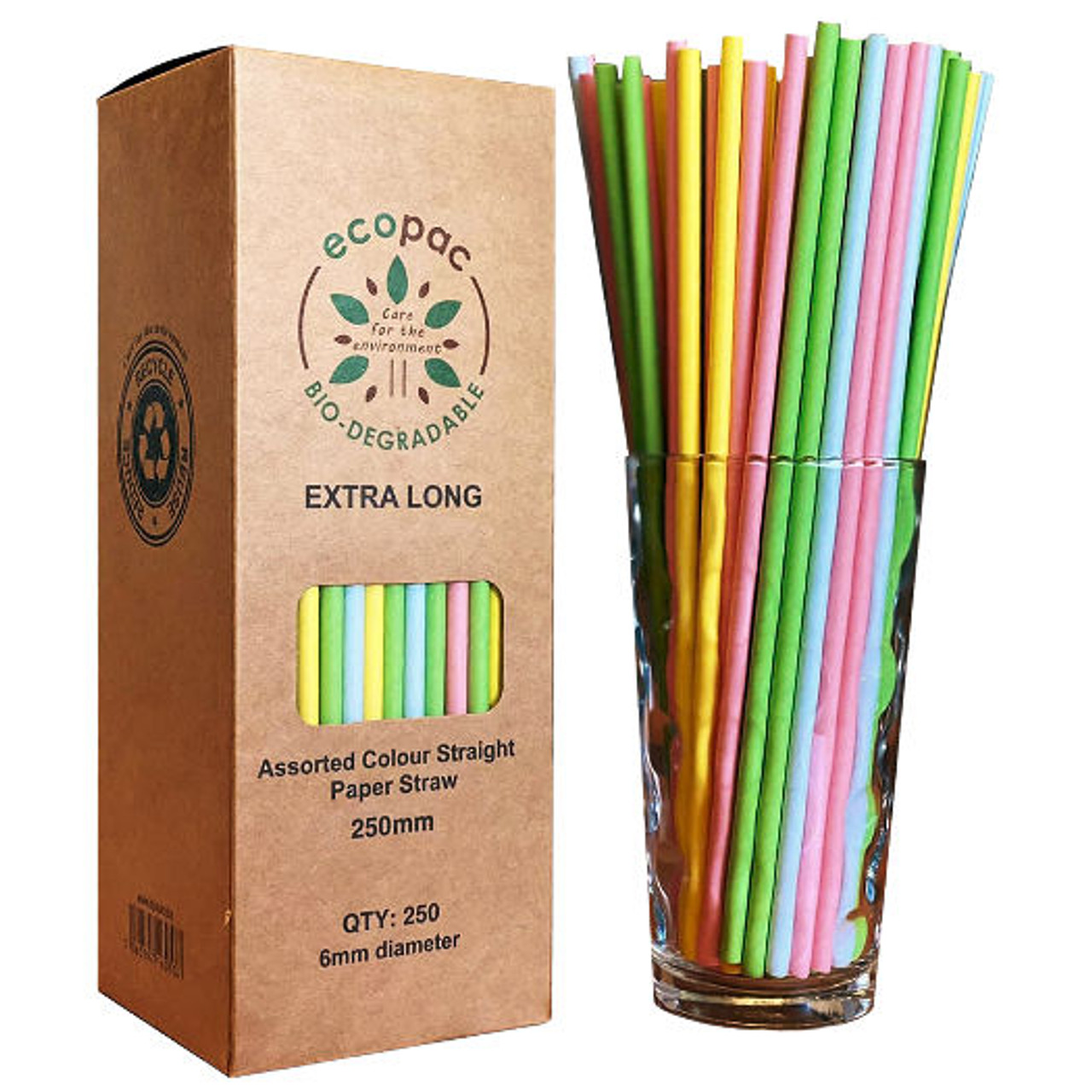 Ecopac Box of 250 Assorted Colours straight Paper Straw Extra Long 250mm x 6mm