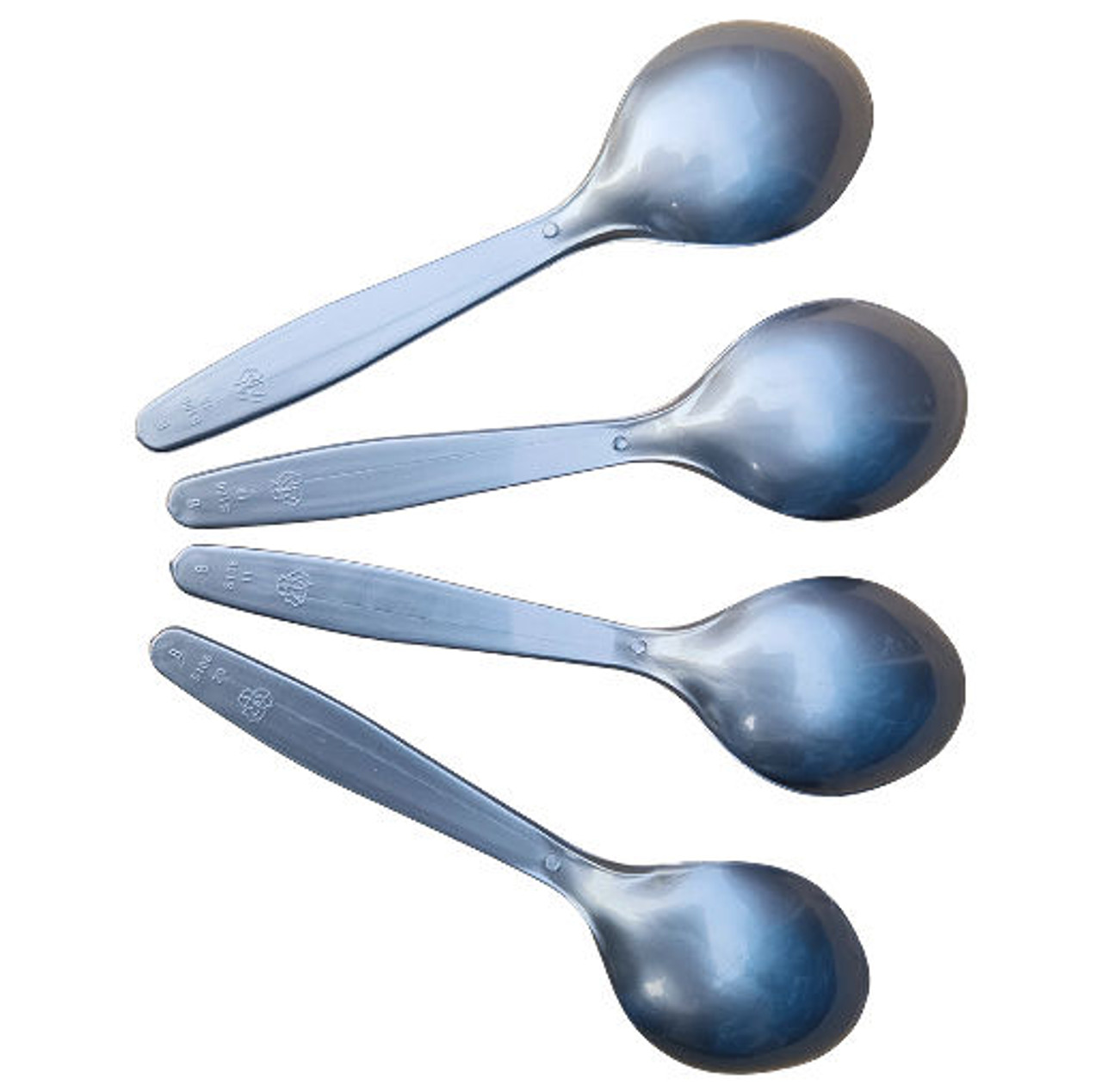 Re-usable / Recyclable Strong Plastic Silver effect Dessert Spoons packed in 100's