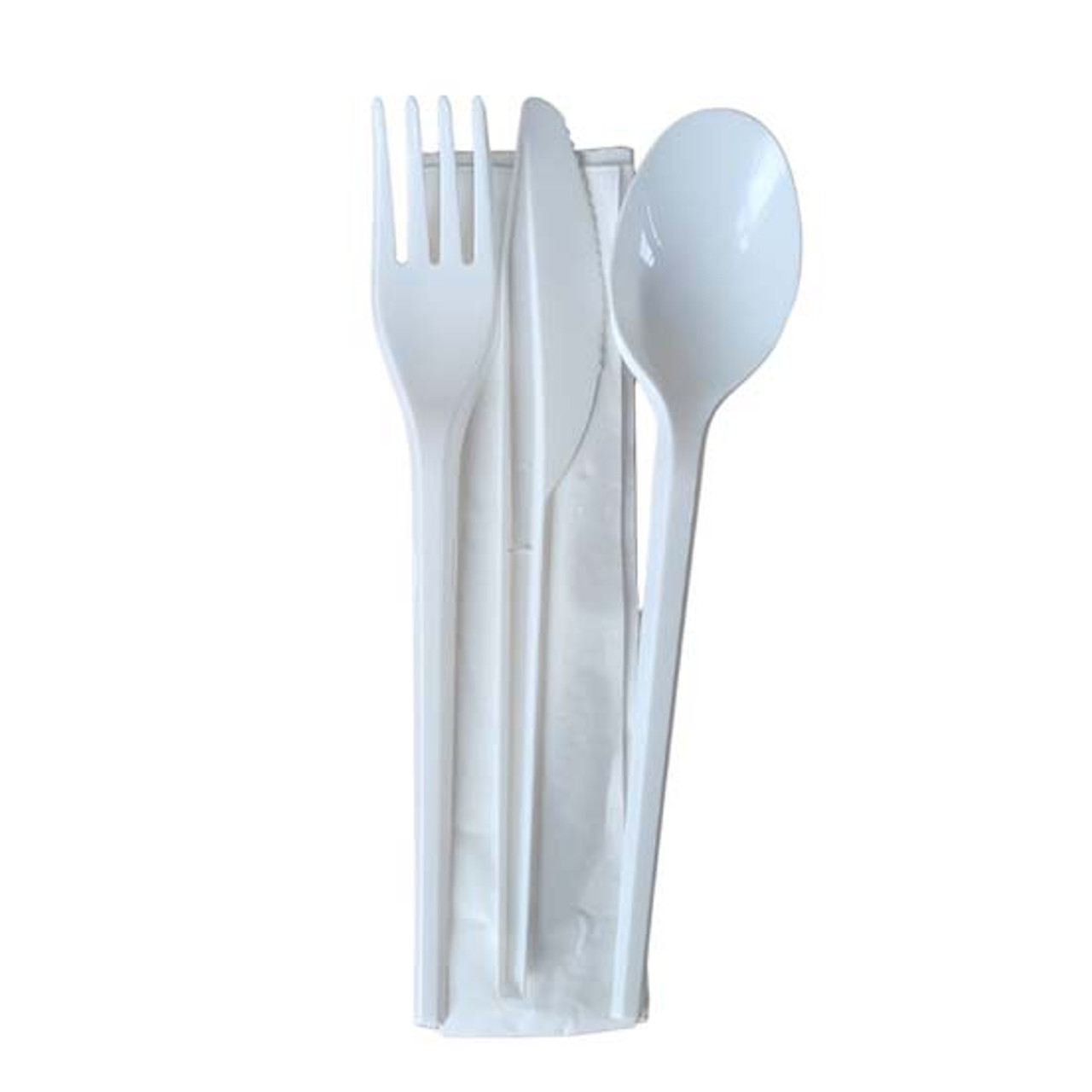 White Plastic Wrapped Cutlery Fork Knife Spoon Napkin Packs 