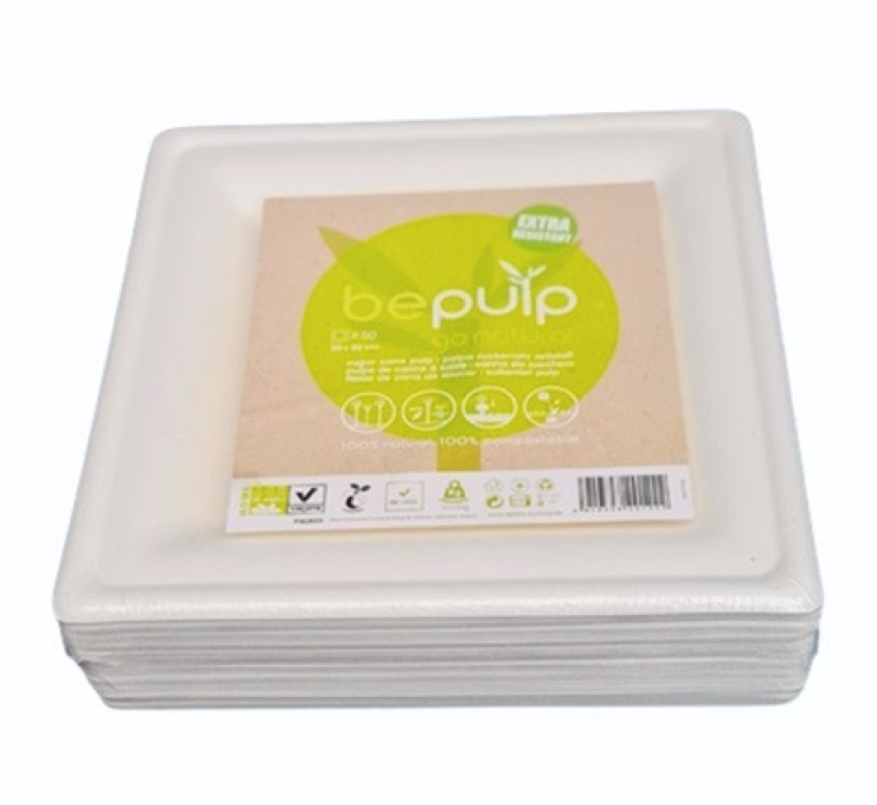 Pack of 50 Sabert BePulp Go Natural  compostable square plates  20 x 20cm   Pack of 50
