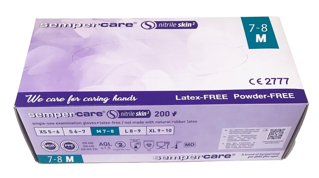 Box of 200 - Blue Sempercare Latex free / Powder free  Nitrile Gloves, Size medium 