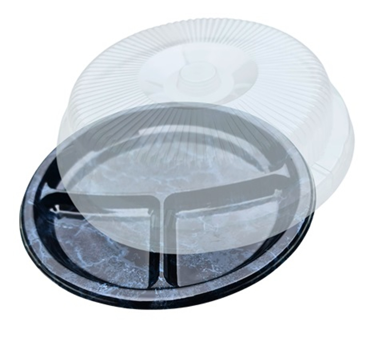Pack x 5 HIGH QUALITY Re-usable Sabert Round 250mm dia. divided Marble Effect Re-usable Plate and clear dome Lid 