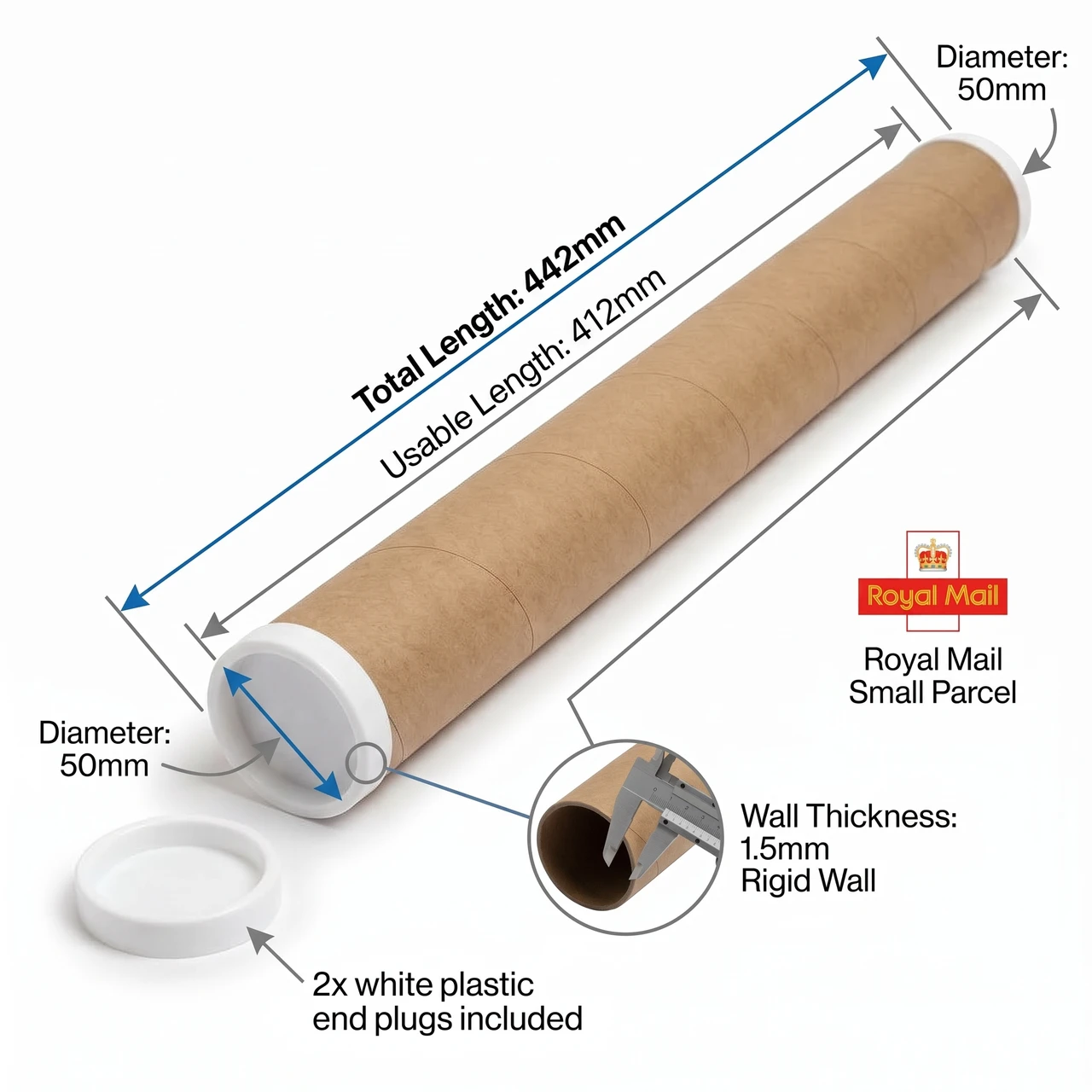 Cardboard Postal Tubes with End Caps – 50mm x 442mm (Royal Mail Small Parcel / A3 & A2)