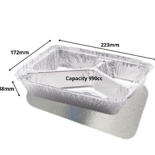 100  3 Compartment foil Tray and Lid 227mm x 177mm x 39mm 210cc/290cc/490cc P