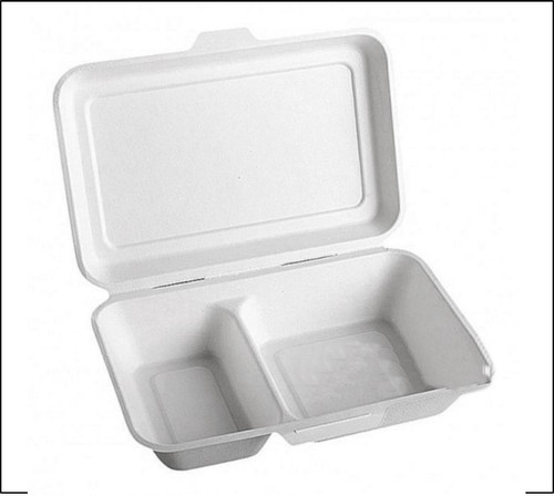 Case x 250 white Bagasse Disposable 2 Compartment 9"x 6"  Hinged Food Box