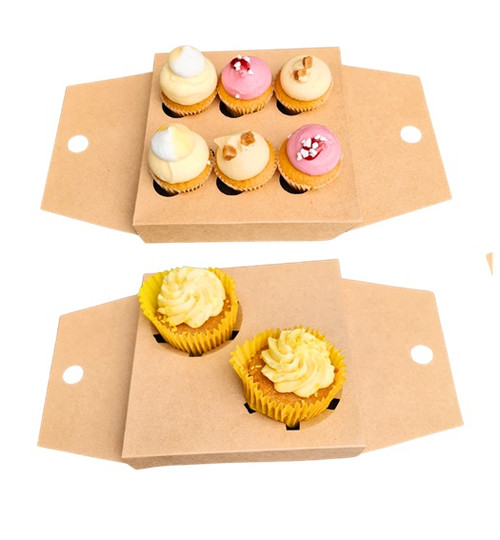 Pack x 20 - 2 Cupcake or 6 Mini Cupcake Self Erecting Glued box with window Kraft 6 x 6 x 3 Pack x 20 - 2 Cupcake or 6 Mini Cupcake Self Erecting Glued box with window Kraft 6 x 6 x 3