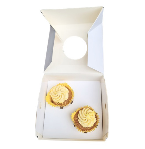 Pack x 10 - 2 Cupcake or 6 Mini Cupcake Self Erecting Glued box with window White 6"x 6" x 3" Pack x 10 - 2 Cupcake or 6 Mini Cupcake Self Erecting Glued box with window White 6"x 6" x 3"