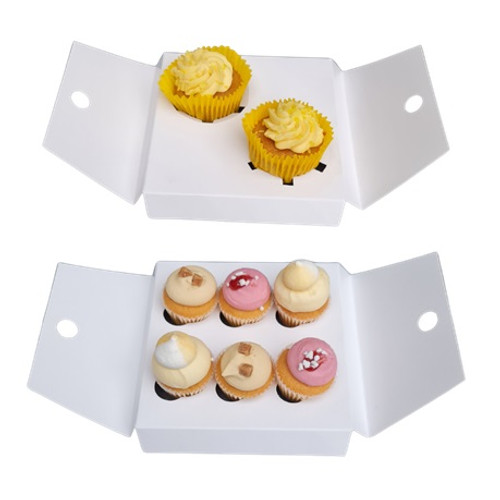 Pack x 20 - 2 Cupcake or 6 Mini Cupcake Self Erecting Glued box with window White 6"x 6" x 3" Pack x 20 - 2 Cupcake or 6 Mini Cupcake Self Erecting Glued box with window White 6"x 6" x 3"