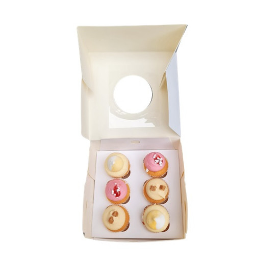 Pack x 100 - 2 Cupcake or 6 Mini Cupcake Self Erecting Glued box with window White 6"x 6" x 3" Pack x 100 - 2 Cupcake or 6 Mini Cupcake Self Erecting Glued box with window White 6"x 6" x 3"