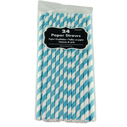 Retail Pack of 24 Paper Drinking Straws Blue Stripe 200mm x 6mm Dia