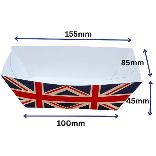 Pack of 50 Medium Waxed Lined Cardboard food trays 155 x 85 x 45mm Union Jack design