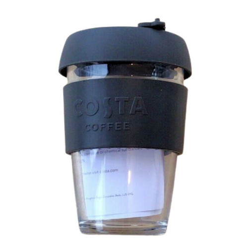 Costa 12oz Sodatime Re-usable Glass Cup with  Black Silicone Lid and Sleeve