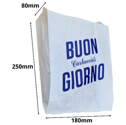 1,000 - 7"x 11"x 10" white grease resistant paper bags Printed 'Buon Giorno'