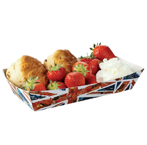 Pack of 50  Waxed Lined Cardboard food trays 240 x 135 x 45mm Union Jack design