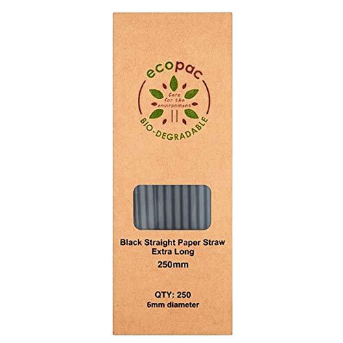 Ecopac Box of 250 Black straight Paper Straw Extra Long 250mm x 6mm