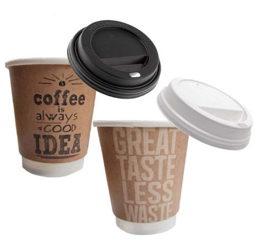 8oz Recyclable kraft twin wall cardboard cup 'Great Taste Less Waste' design including Lids