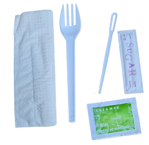 5 in 1 Snack Pack White Plastic Wrapped Cutlery Fork, Stirrer, Napkin, Sugar and Creamer Packs 