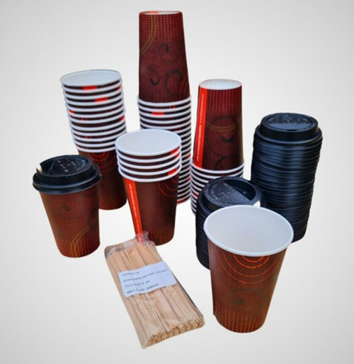 Pack x 50 Disposable Paper Coffee Cups and Lids 10oz 'Latina design'