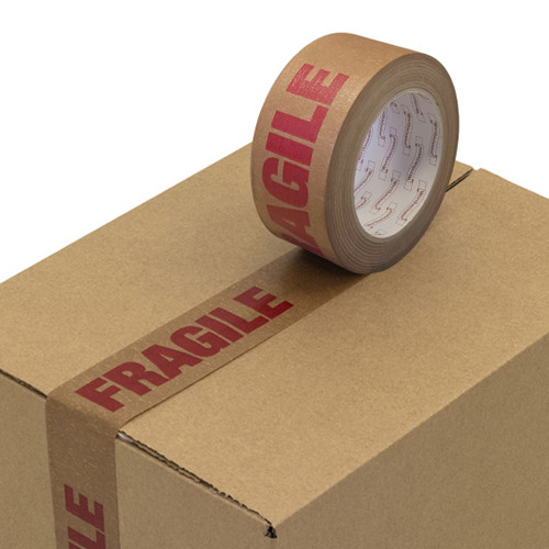 Roll x 50mm x 50mt  Fragile Self-adhesive Solvent based paper kraft tape - each