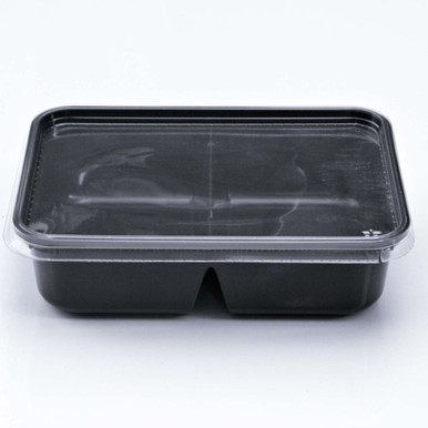 Asporto 32 oz Black Plastic 2 Compartment Food Container - with Clear Lid,  Microwavable - 8 3/4 x 6 x 2 - 100 count box