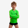 Boy wearing Funky Trunks Still Brasil long sleeve rash vest in neon green