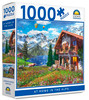 Crown 1000 piece At Home In The Alps puzzle featuring alpine cottages, mountains and colourful wildflowers