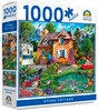 Crown 1000 piece Stone Cottage puzzle featuring a countryside cottage, flowers, ducks and mountain scenery