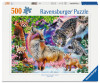 Ravensburger Himalayan Harmony 500 piece puzzle featuring snow leopards, foxes, red pandas and colourful mountain wildlife artwork