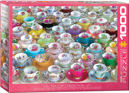 Tea Cup Collection 1000 piece puzzle with colourful vintage teacups and floral patterns by Eurographics