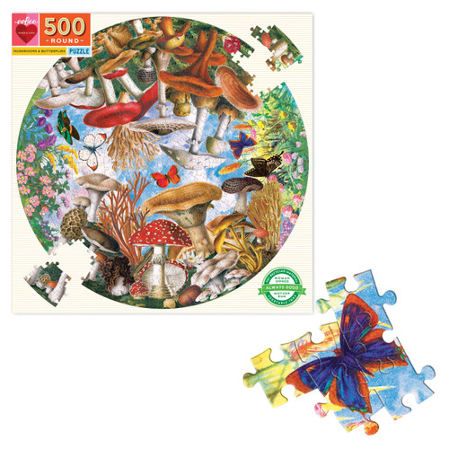 eeBoo 500pc Round Puzzle - Mushrooms and Butterflies